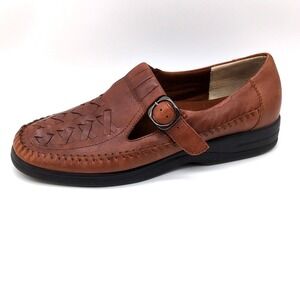 Life Stride Brown Leather Woven Mary Jane Loafers